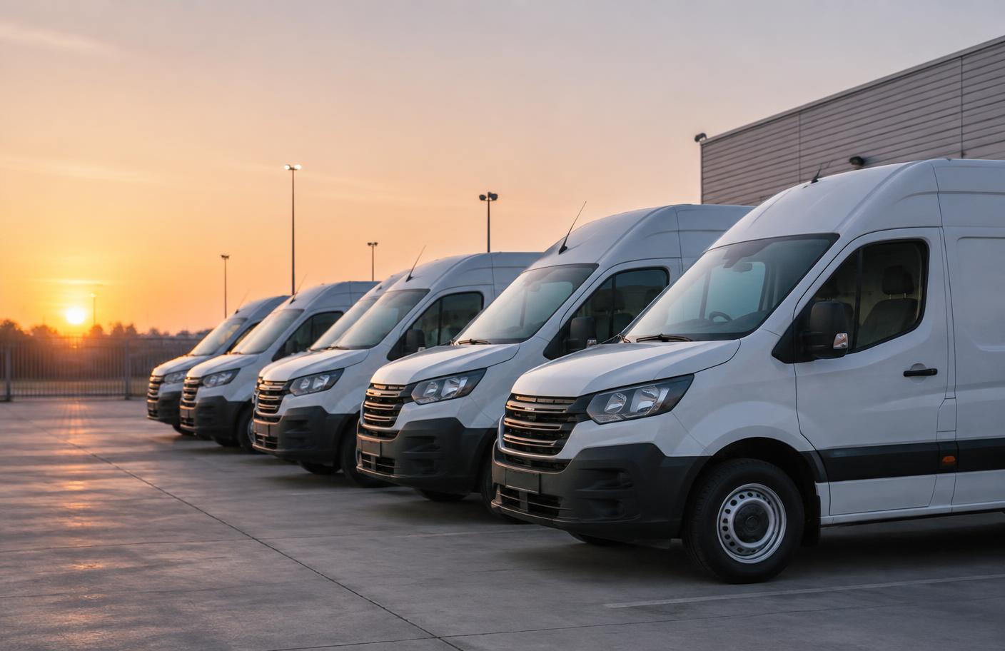 Row of commercial vans parked at a depot