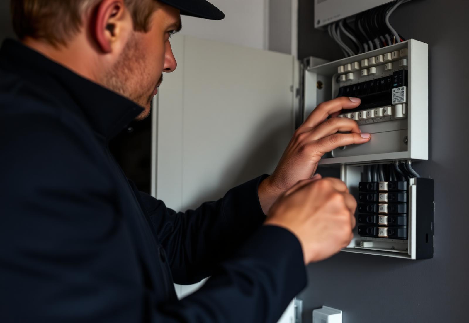 A Submission Electrical engineer working on a consumer unit