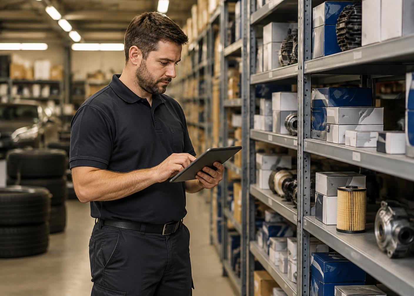 Parts specialist checking a parts list against stock on shelving