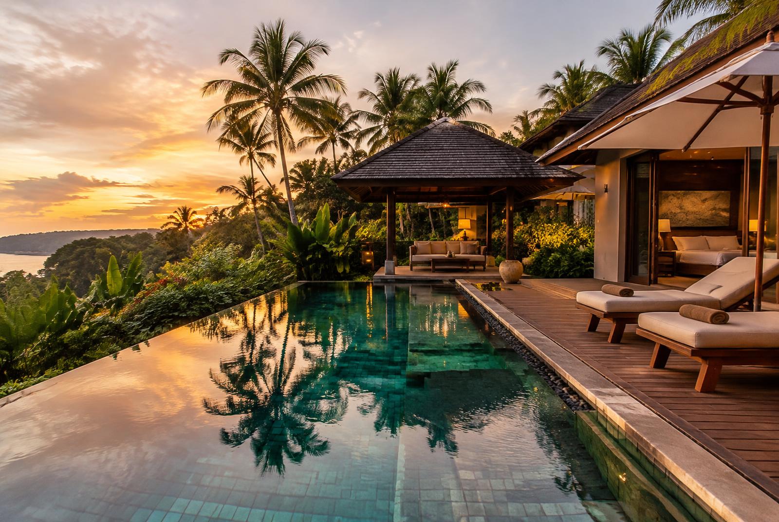 Tropical resort pool at sunset